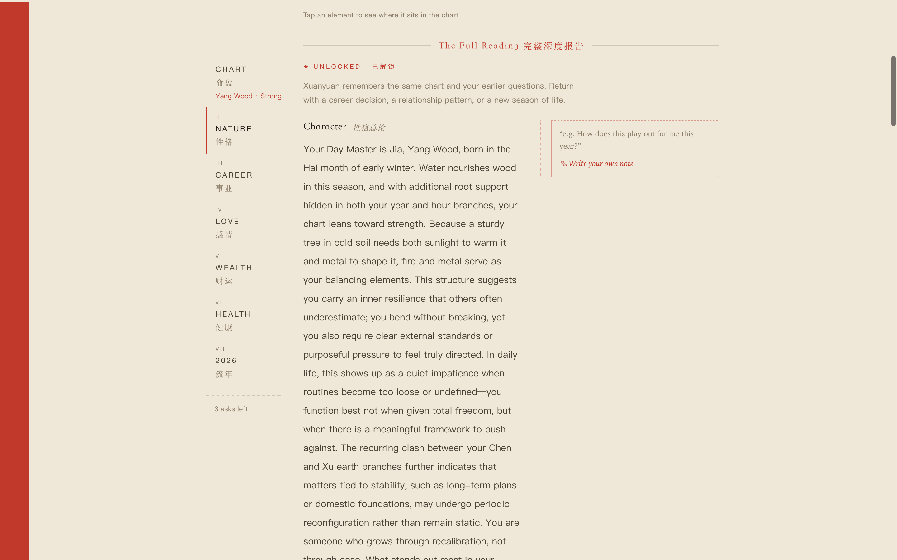 The product reading page: the chapter rail at left, the character reading, and the annotation margin at right